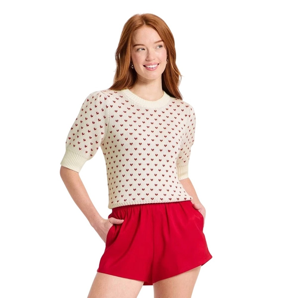 Universal Thread Women's White Red Heart Knit Elbow Sleeve Sweater Size M